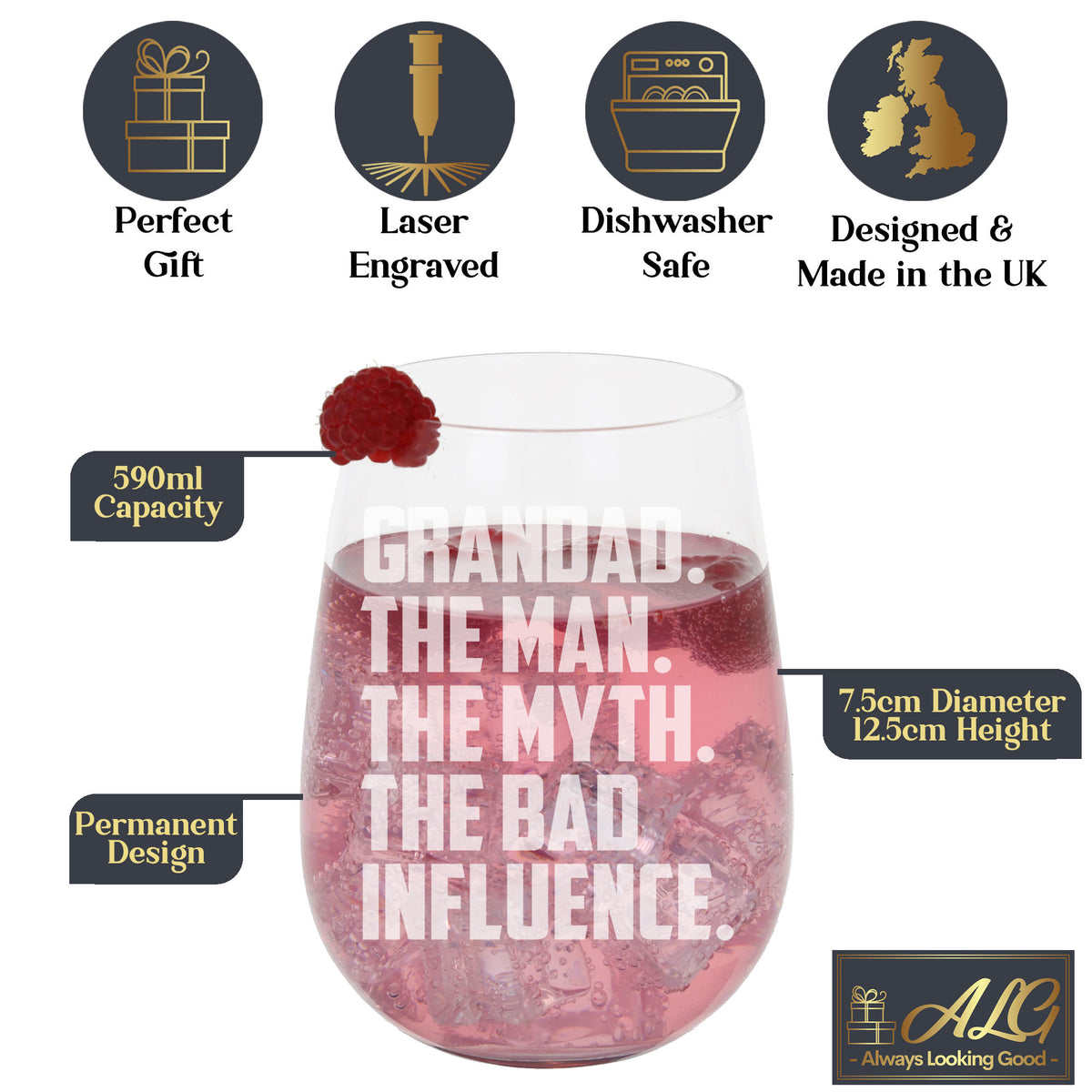 Grandad The Man The Myth The Bad Influence Stemless Gin Glass Birthday Gift
