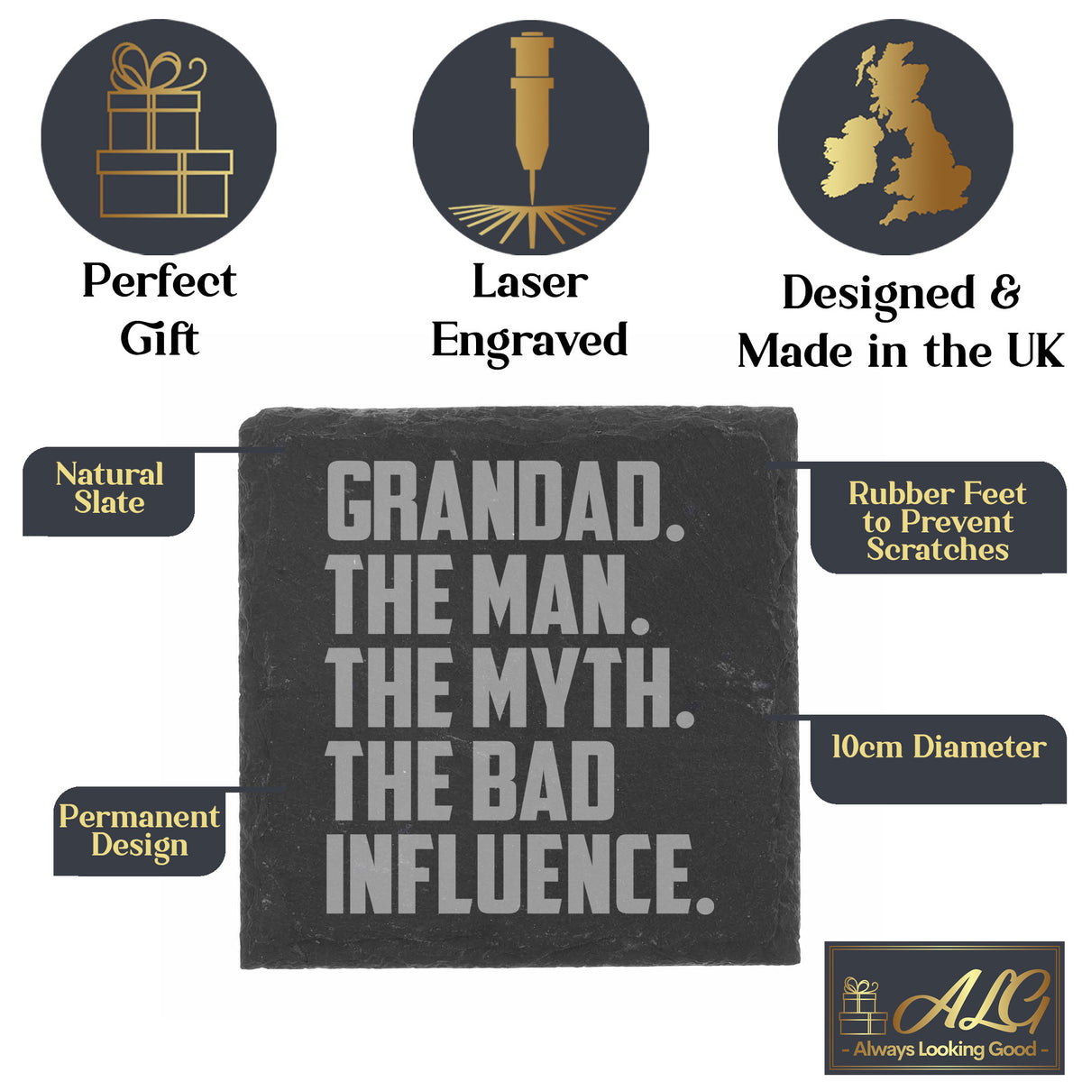 Grandad The Man The Myth The Bad Influence Engraved Slate Coaster Birthday Gift