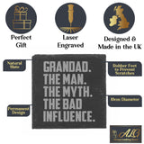Grandad The Man The Myth The Bad Influence Engraved Slate Coaster Birthday Gift
