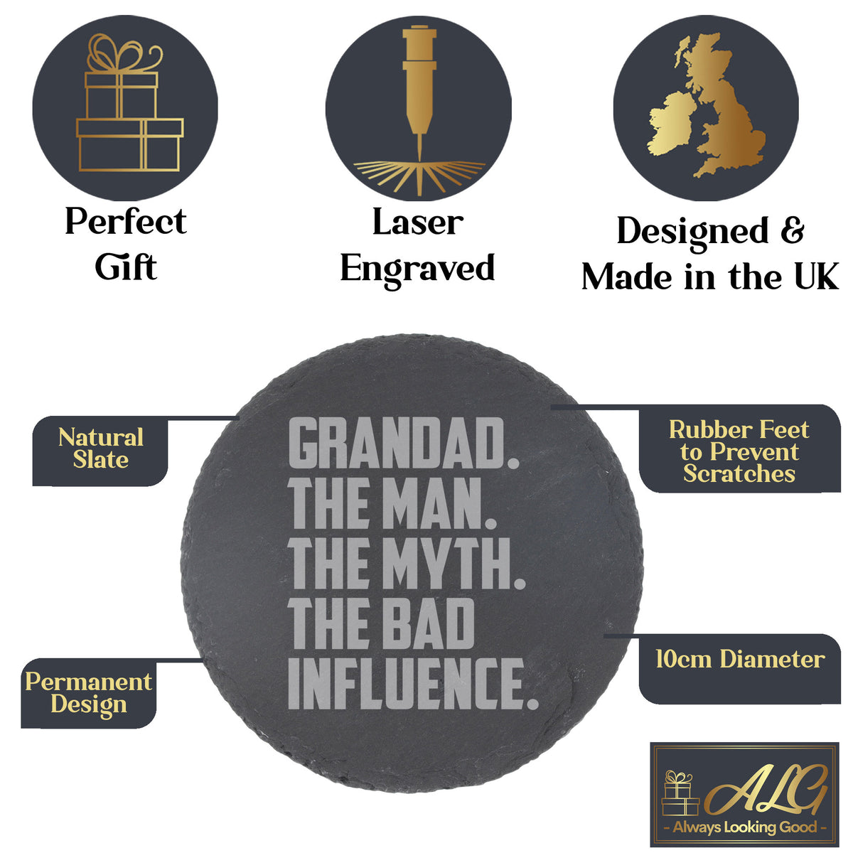 Grandad The Man The Myth The Bad Influence Engraved Slate Coaster Birthday Gift