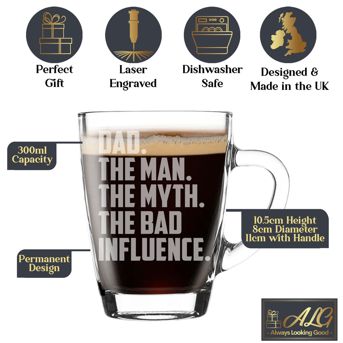 Dad The Man The Myth The Bad Influence Glass Coffee Mug Birthday Gift