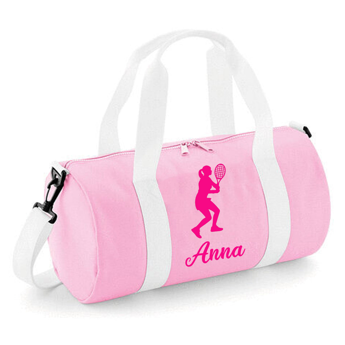 Personalised Female Tennis Player Barrel Bag | Kids Sports Holdall with Name