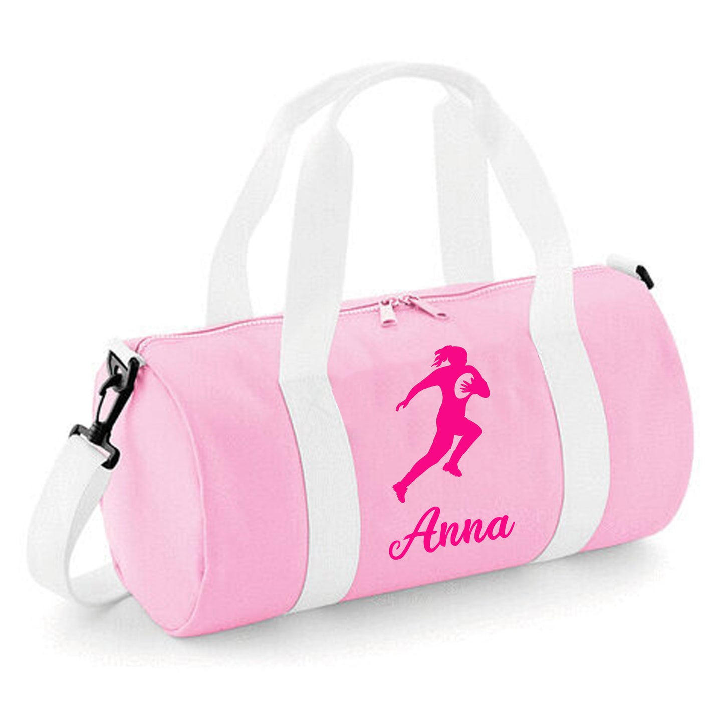 Personalised Female Rugby Player Barrel Bag, Kids Durable Holdall