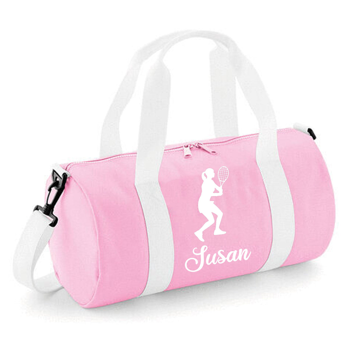 Personalised Female Tennis Player Barrel Bag | Kids Sports Holdall with Name