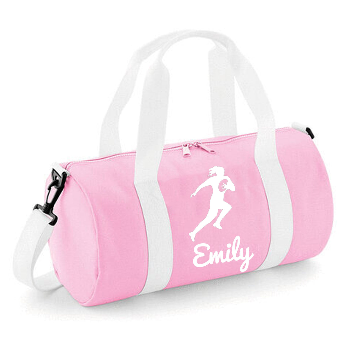 Personalised Female Rugby Player Barrel Bag | Kids Sports Holdall with Name