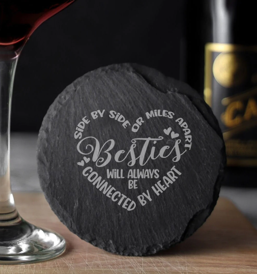 Besties Connected By Heart Engraved Beer Glass and/or Coaster Set  - Always Looking Good - Round Coaster Only  gift for best friend