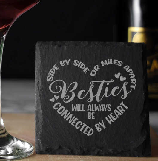 Besties Connected By Heart Engraved Whisky Glass and/or Coaster Set  - Always Looking Good - Square Coaster Only  