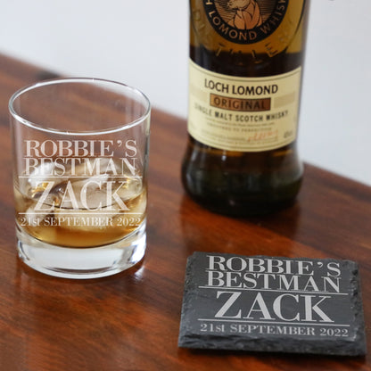 “Best Man” Engraved & Personalised Whisky Glass and/or Coaster Set  - Always Looking Good - Glass & Square Coaster Set  