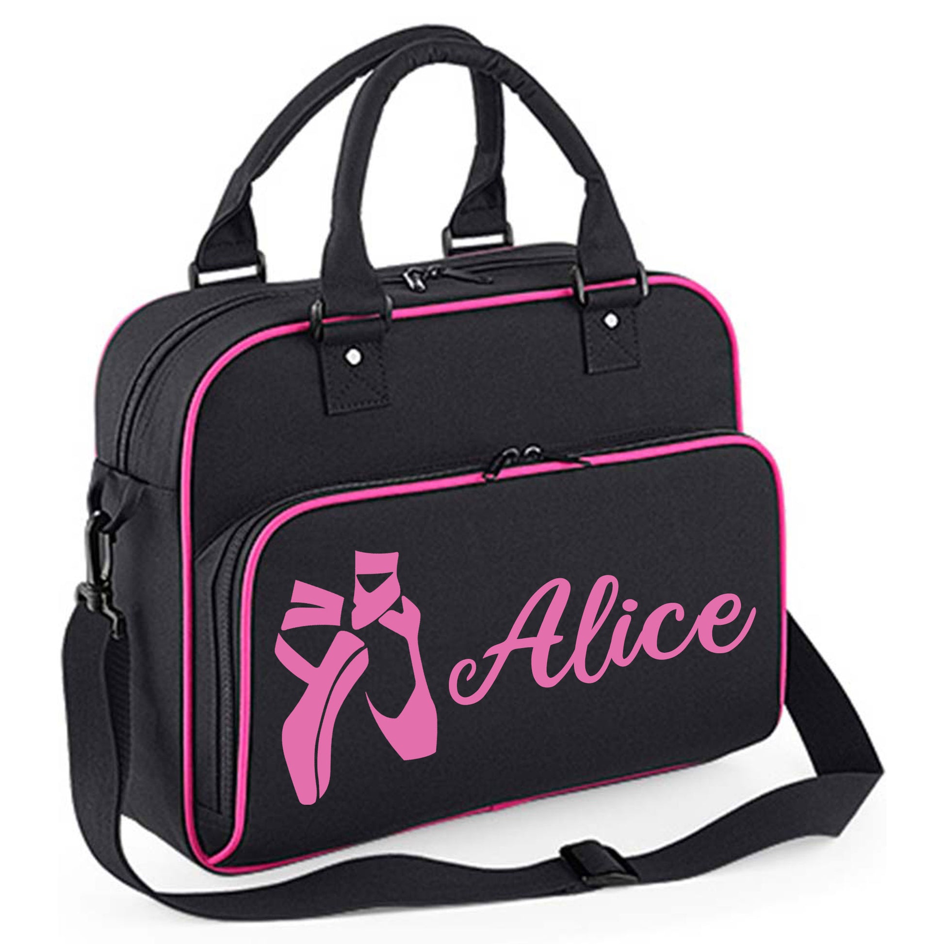 Personalised Dance Bag Kids | Girls Children's Ballet School Bag  - Always Looking Good - Black with Pink Piping Ballet Shoes 