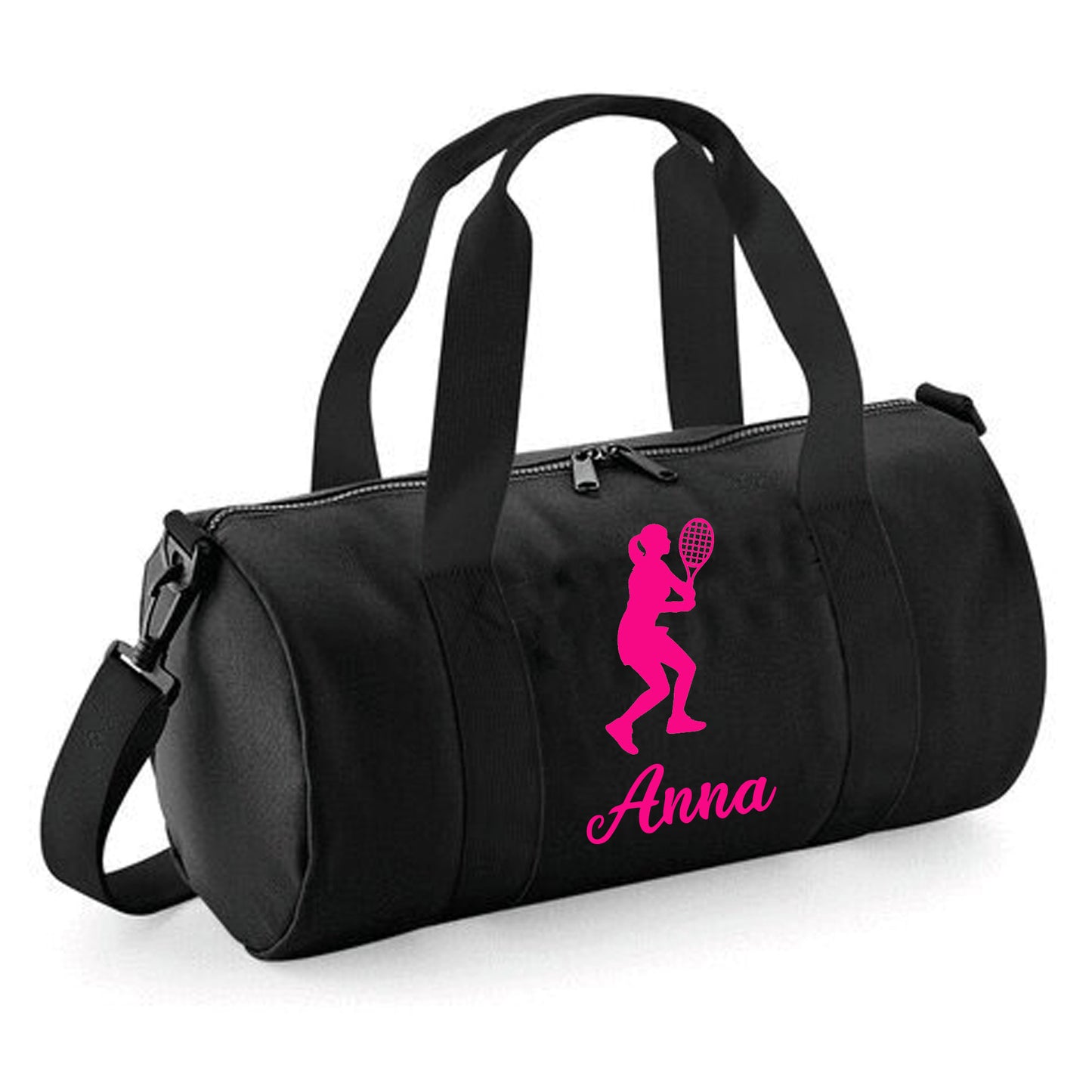 Personalised Female Tennis Player Barrel Bag, Kids Sports Holdall