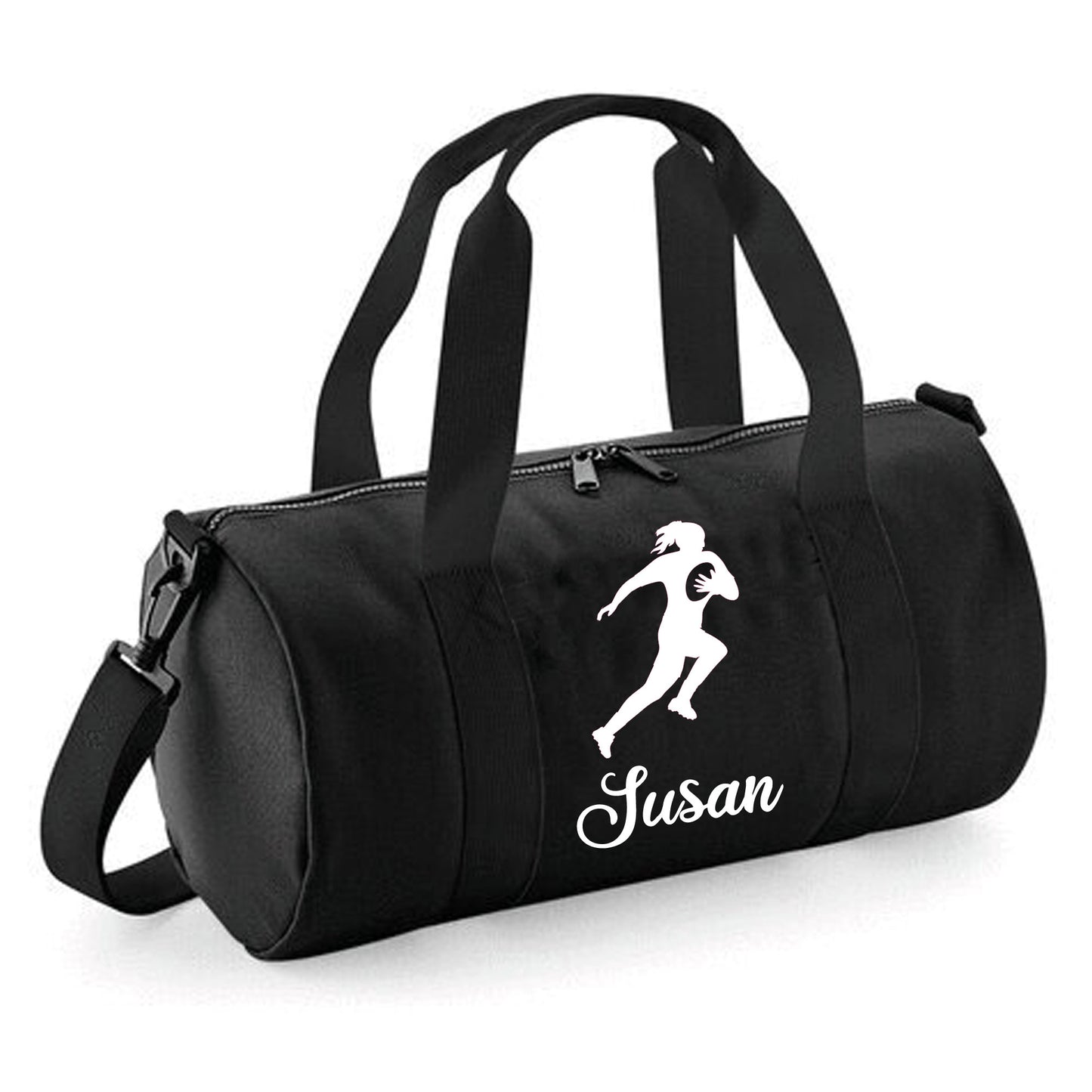 Personalised Female Rugby Player Barrel Bag, Kids Durable Holdall