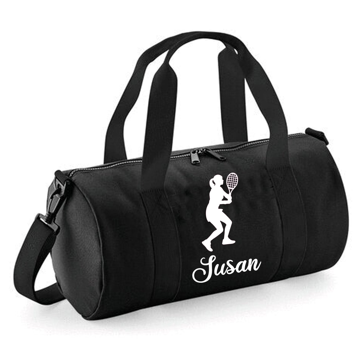 Personalised Female Tennis Player Barrel Bag, Kids Sports Holdall