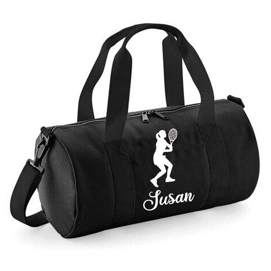 Personalised Female Tennis Player Barrel Bag, Kids Sports Holdall