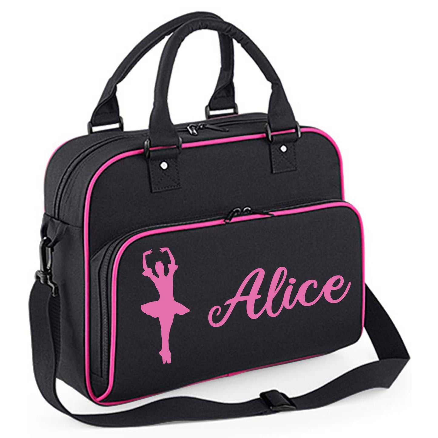 Personalised Dance Bag Kids | Girls Children's Ballet School Bag  - Always Looking Good - Black with Pink Piping Ballet Dancer 