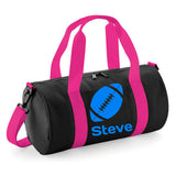 Personalised Rugby Ball Barrel Bag | Kids Sports Holdall with Name