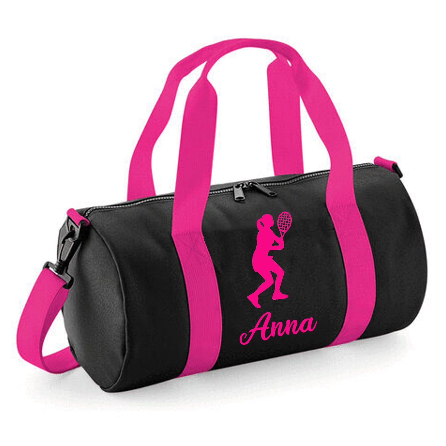 Personalised Female Tennis Player Barrel Bag, Kids Sports Holdall