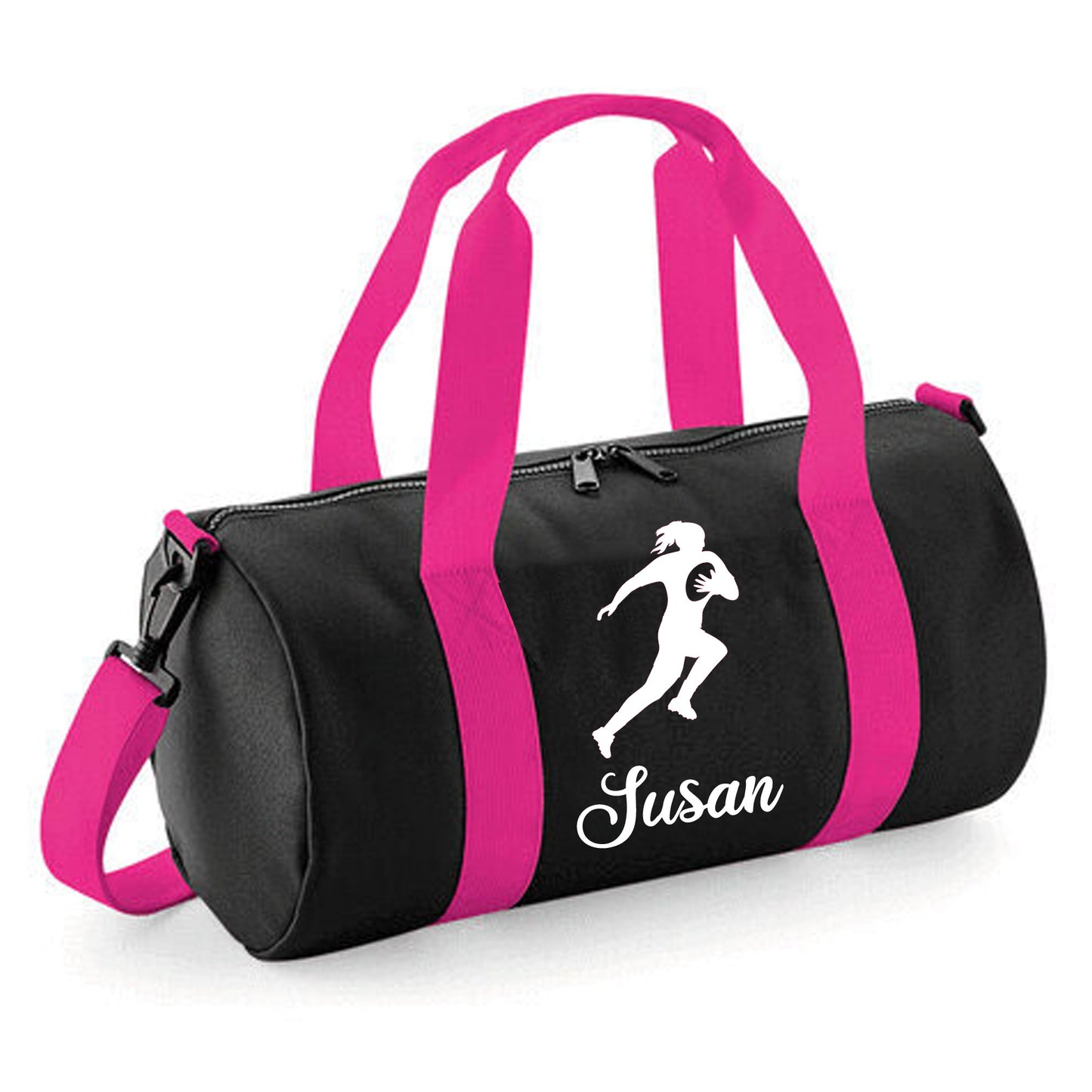 Personalised Female Rugby Player Barrel Bag, Kids Durable Holdall