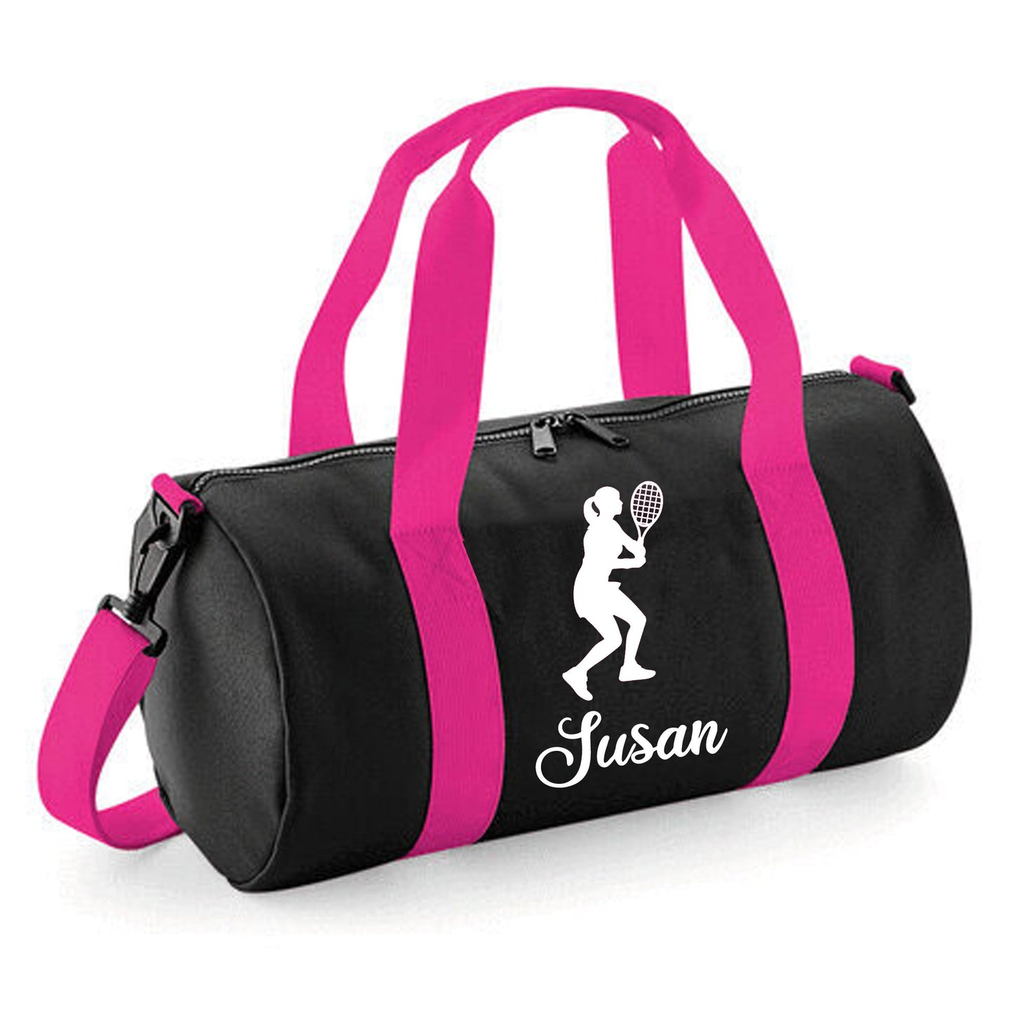 Personalised Female Tennis Player Barrel Bag, Kids Sports Holdall