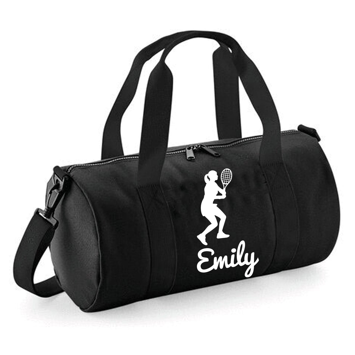 Personalised Female Tennis Player Barrel Bag, Kids Sports Holdall