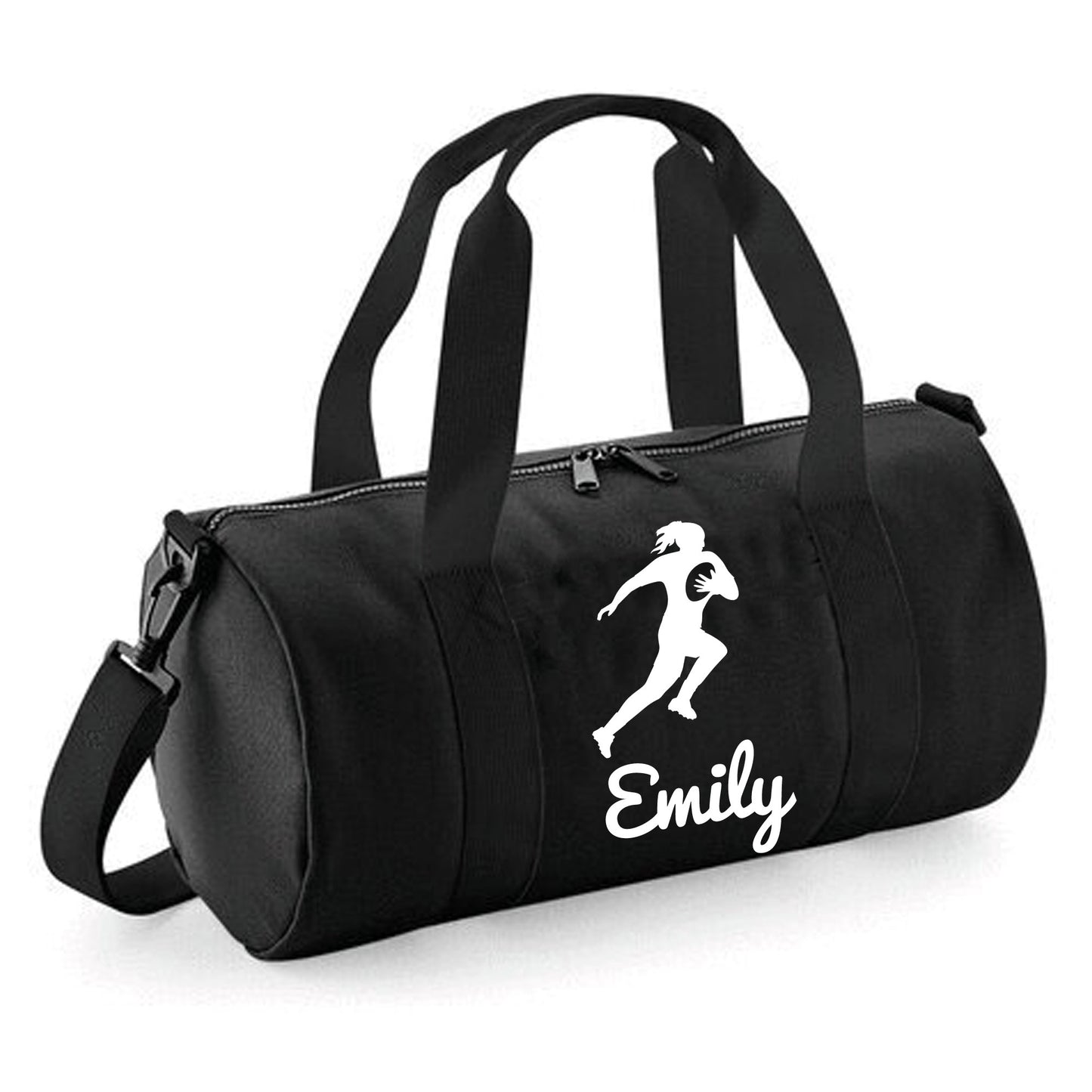 Personalised Female Rugby Player Barrel Bag, Kids Durable Holdall