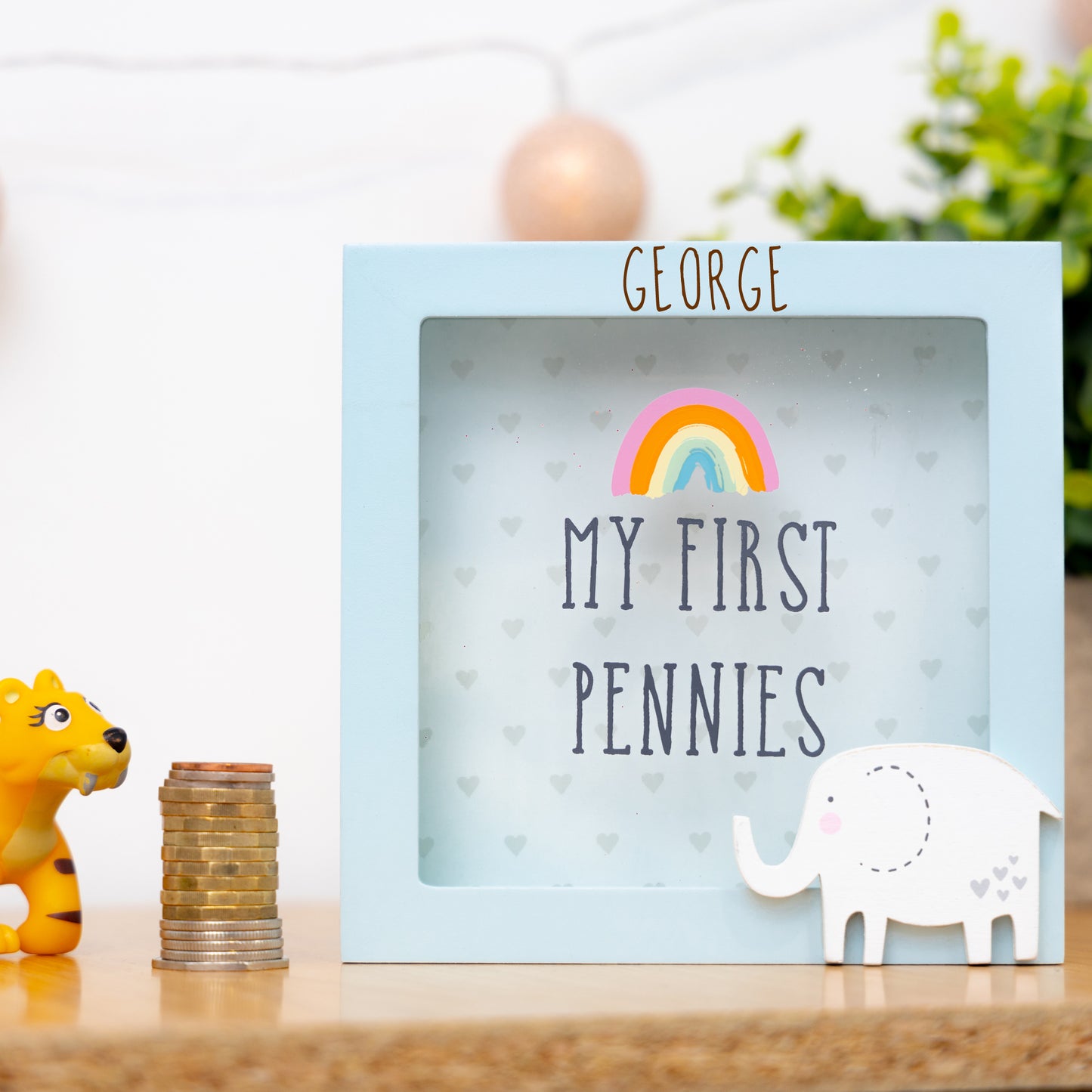 Personalised Engraved Pink/Blue or Cream Money Box Frame Piggy Bank New Baby Gift