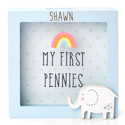 Personalised Engraved Pink/Blue or Cream Money Box Frame Piggy Bank New Baby Gift