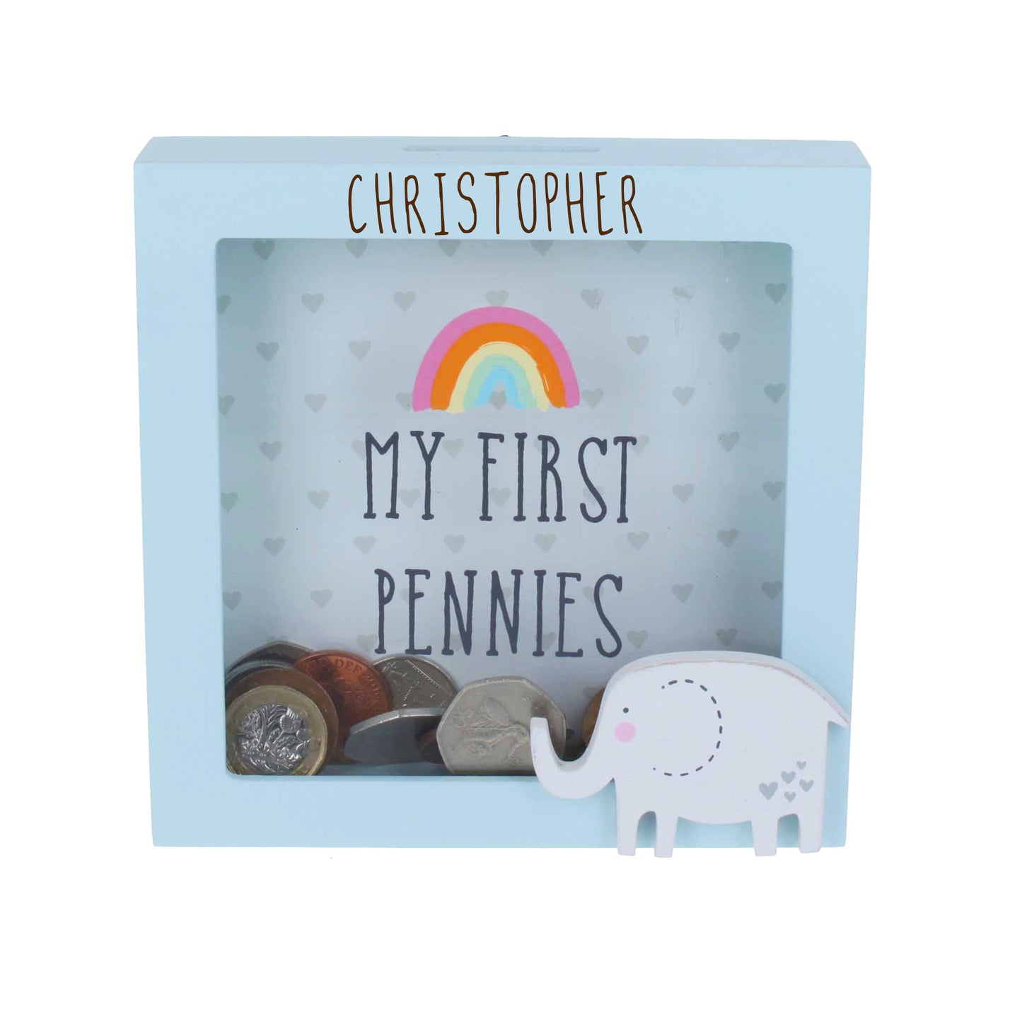 Personalised Engraved Pink/Blue or Cream Money Box Frame Piggy Bank New Baby Gift