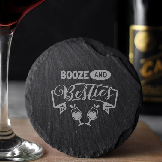 Booze and Besties Engraved Beer Pint Glass and/or Coaster Set  - Always Looking Good - Round Coaster Only  