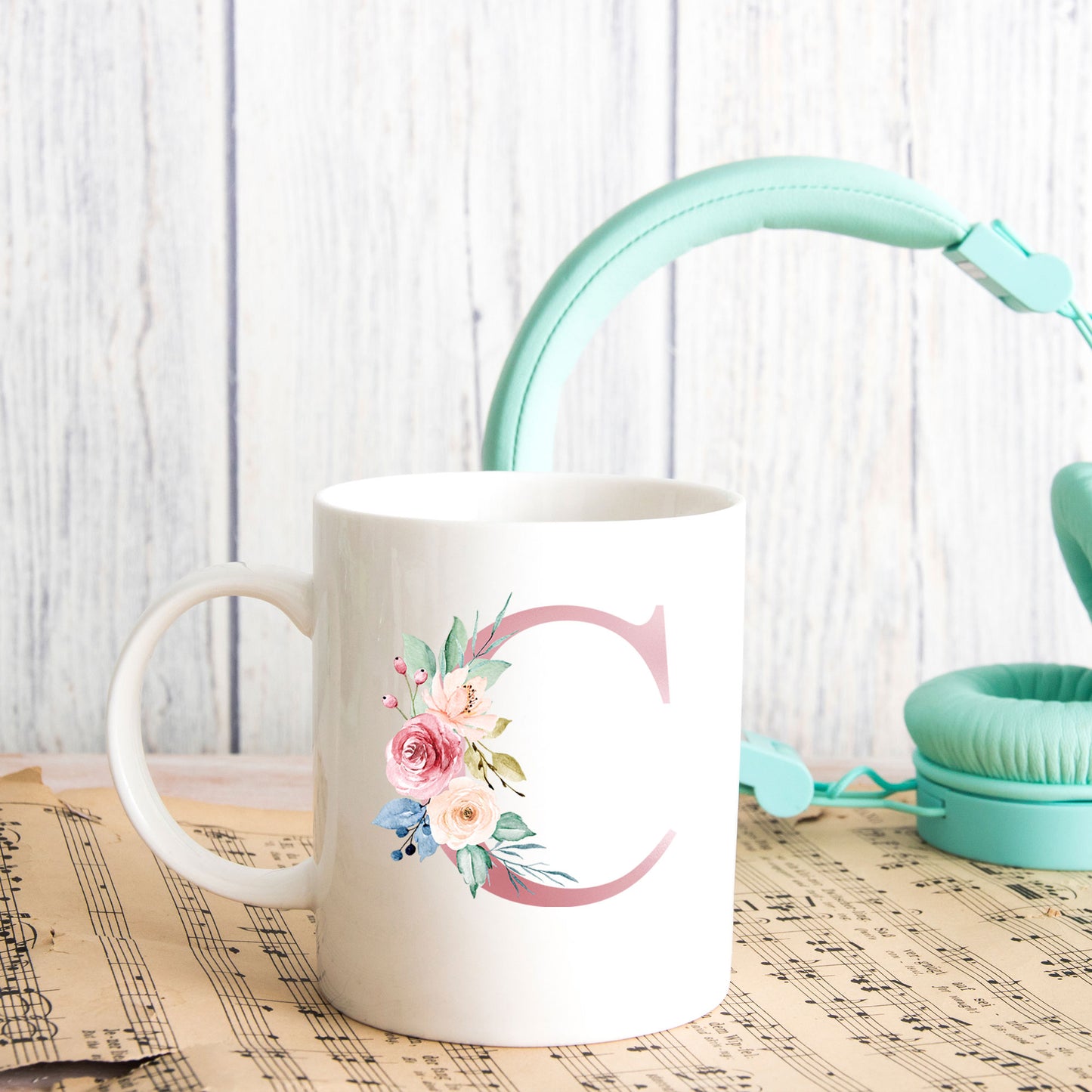 Monogrammed Ceramic Mug – Pink Floral Letter Design for Gift