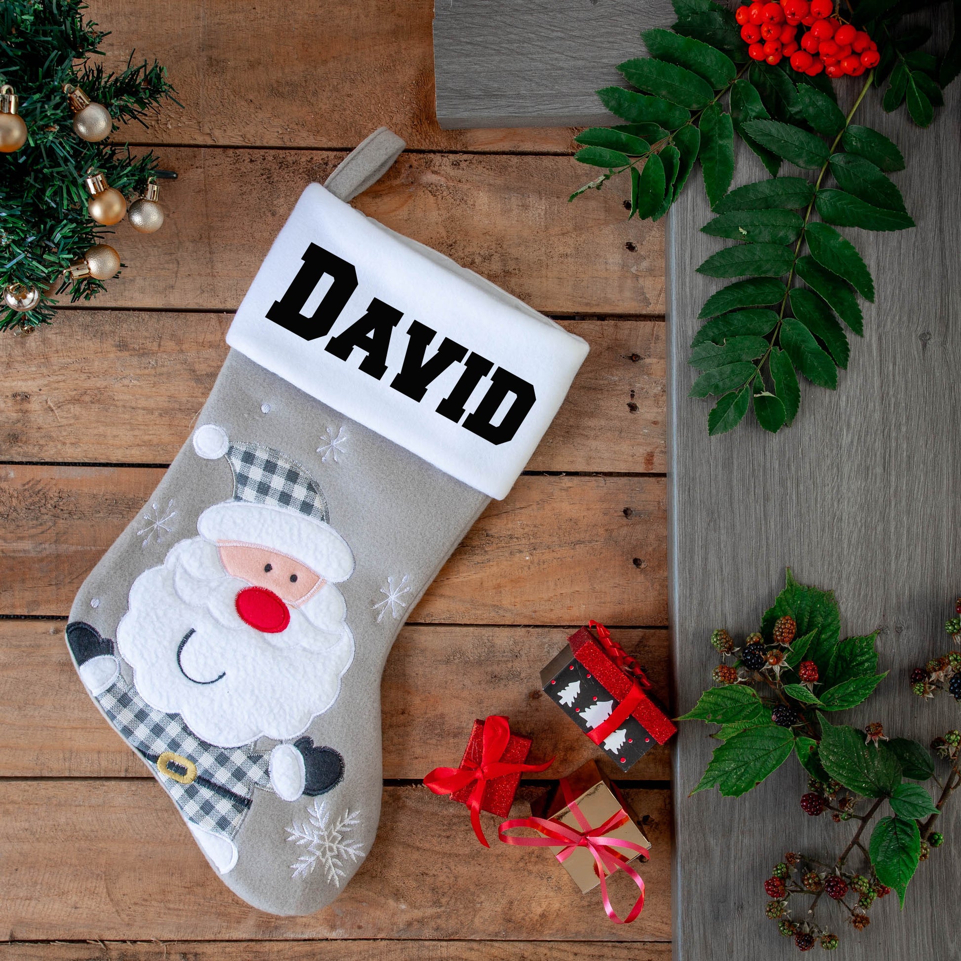 Personalised Embroidered Grey Christmas Santa Stocking with Name  - Always Looking Good - Santa  