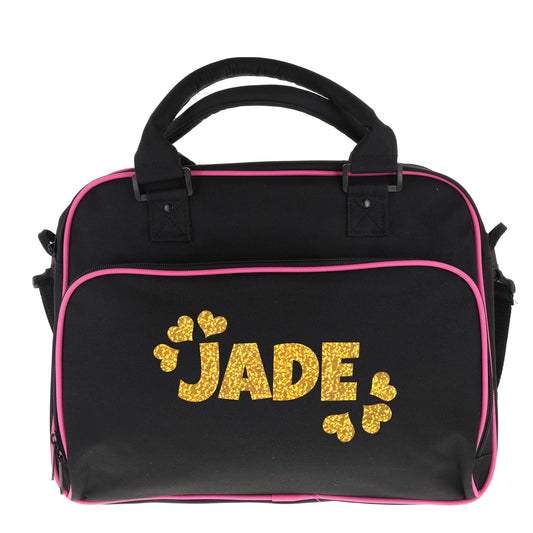 Personalised Girls Sports Bag with Name Dancing Swimming Gymnastic School Gym Bag  - Always Looking Good - Black with Pink Piping Name & Hearts 