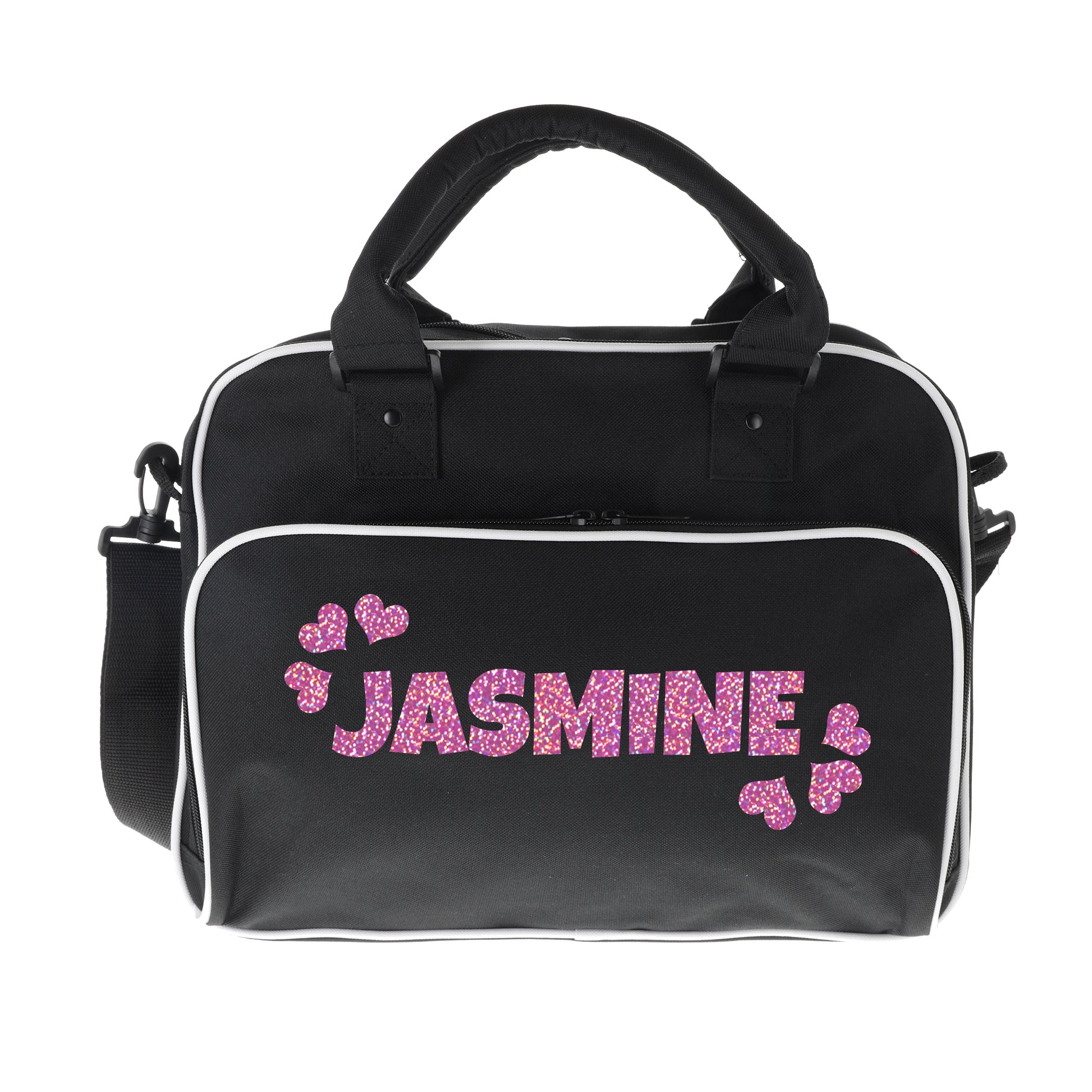 Personalised Girls Sports Bag with Name Dancing Swimming Gymnastic School Gym Bag  - Always Looking Good - Black with White Piping Name & Hearts 