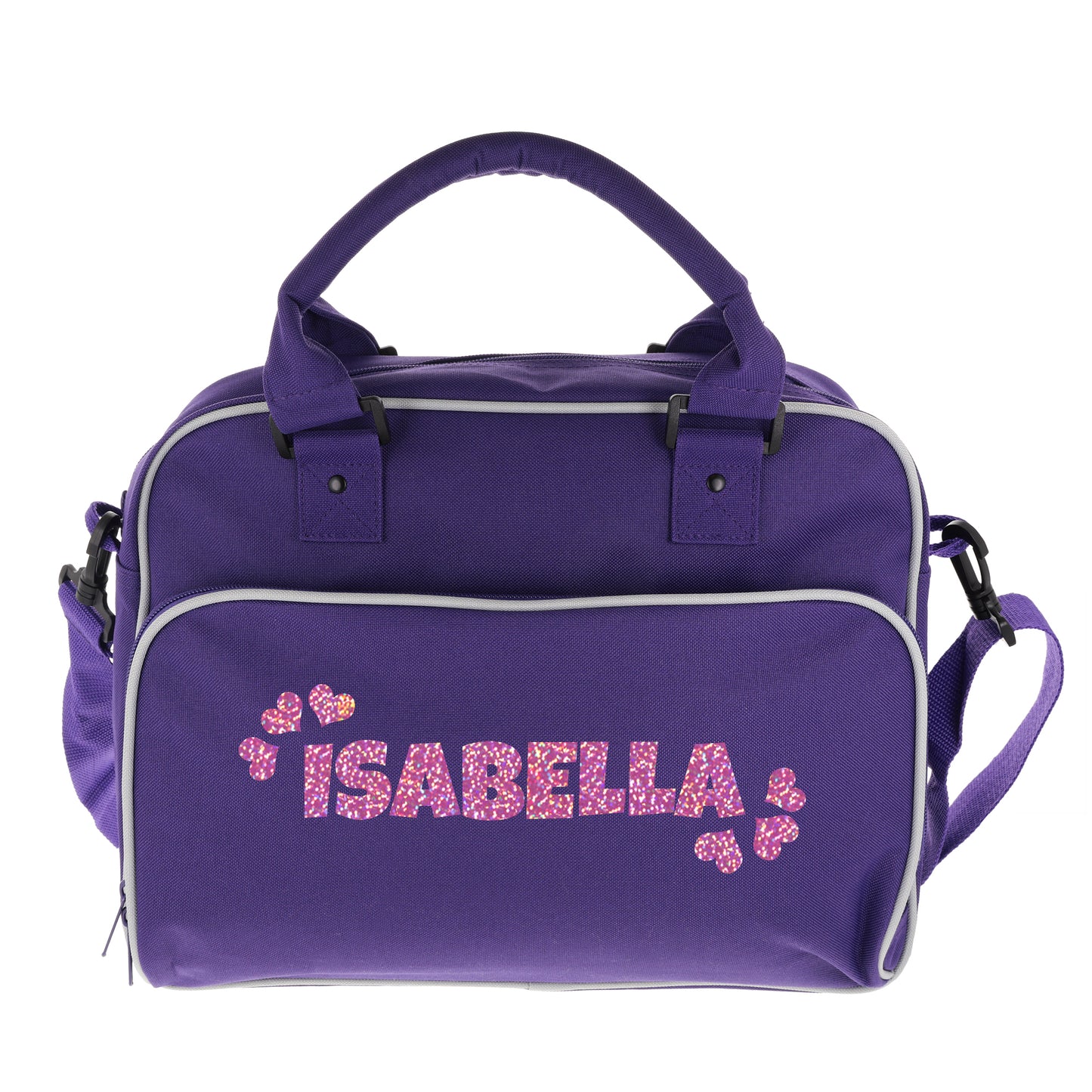 Personalised Girls Sports Bag with Name Dancing Swimming Gymnastic School Gym Bag  - Always Looking Good - Purple Name & Hearts 