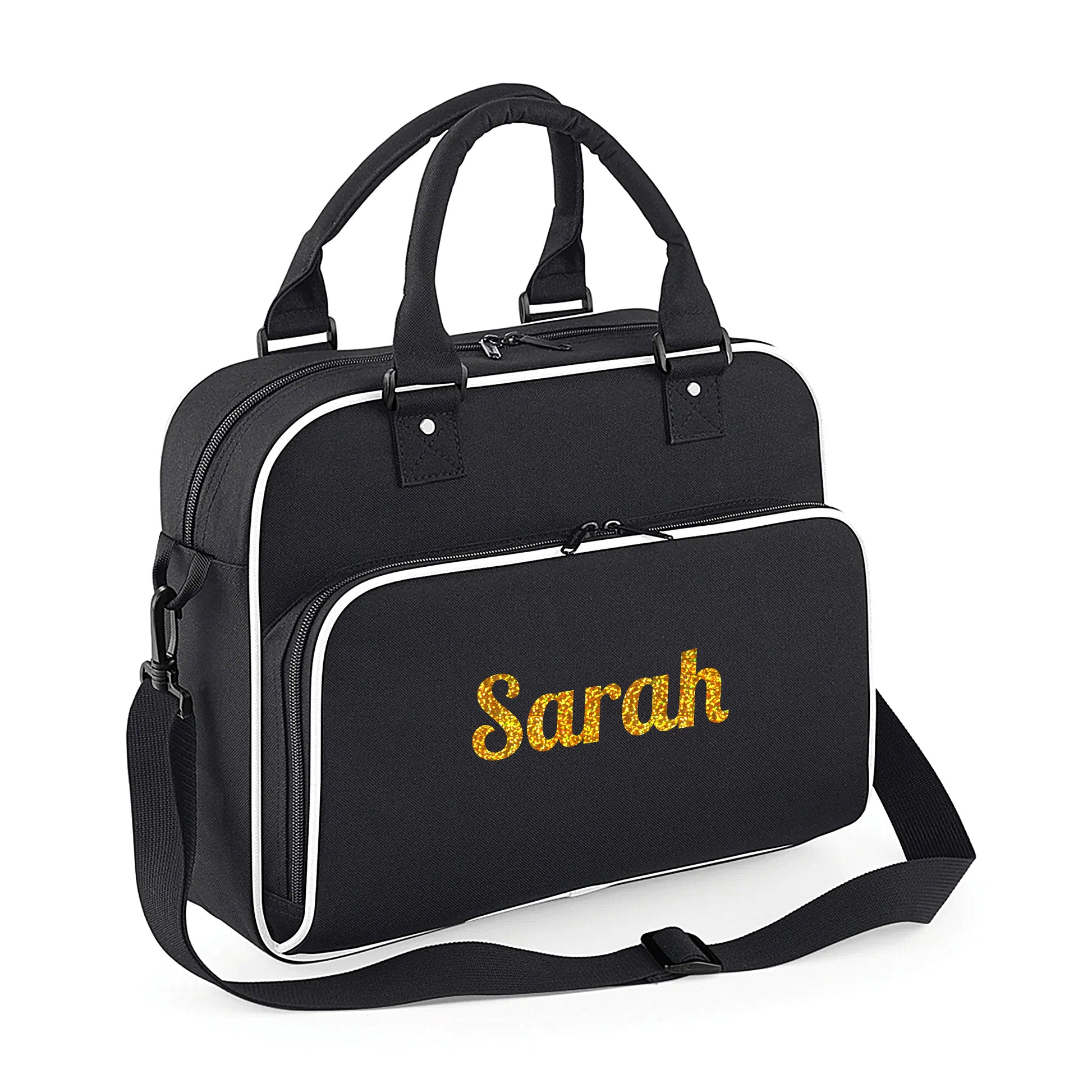 Personalised Girls Sports Bag with Name Dancing Swimming Gymnastic School Gym Bag  - Always Looking Good - Black with White Piping Name Only 