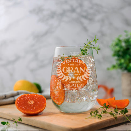 Vintage World's Greatest 'ANY RELATIVE' Engraved Stemless Gin Glass Gift