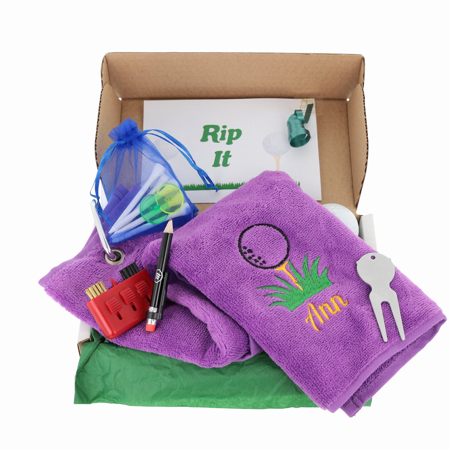 Personalised Tri Fold Golf Towel with Name Golfing Gift Box  - Always Looking Good - Purple Towel  
