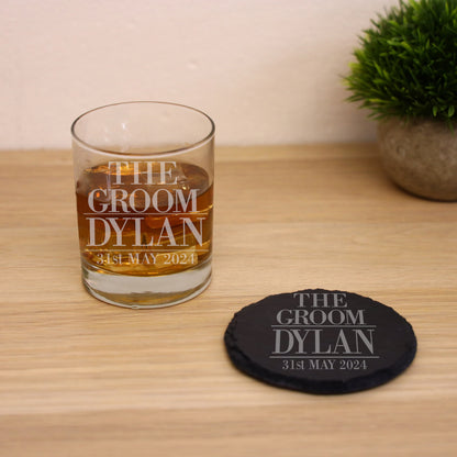 Personalised Groom Gift Whisky Glass and/or Coaster Set- Always Looking Good -    - Glass & Round Coaster Set  