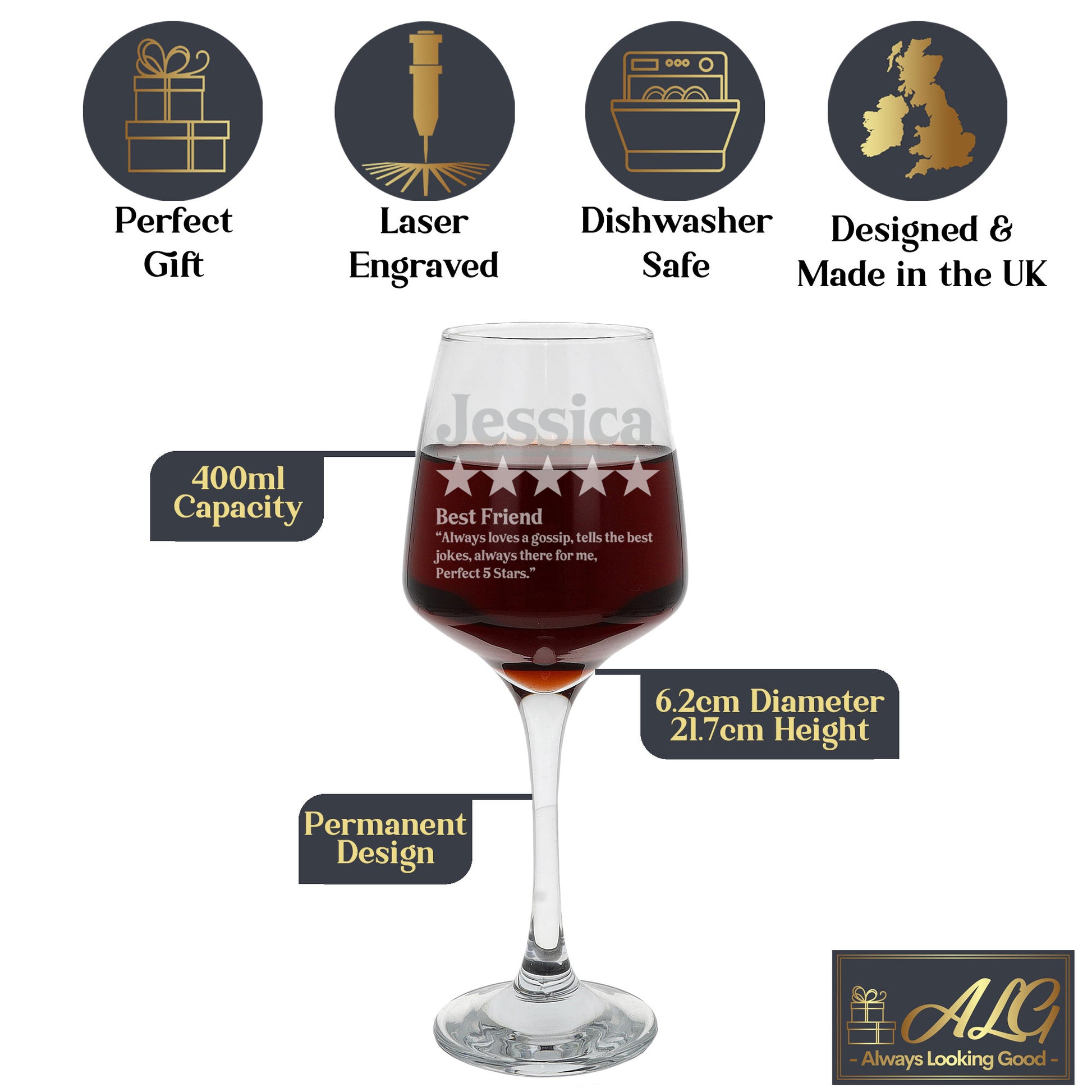 Personalised Novelty 5 Star Review Engraved Wine Glass and/or Coaster Set  - Always Looking Good -   