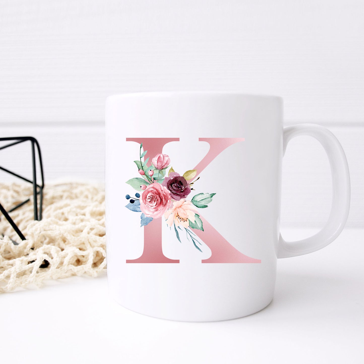 Monogrammed Ceramic Mug – Pink Floral Letter Design for Gift
