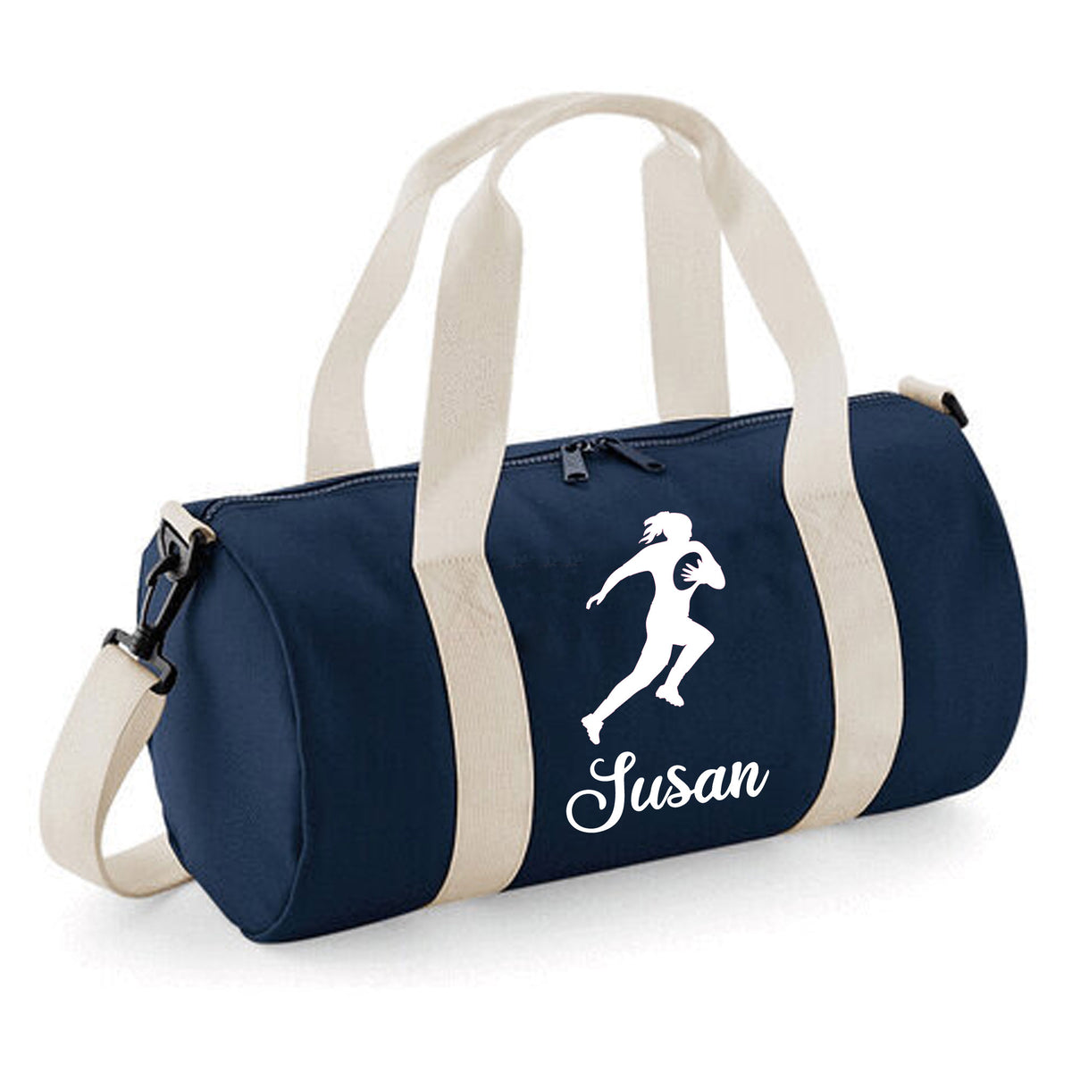 Personalised Female Rugby Player Barrel Bag | Kids Sports Holdall with Name