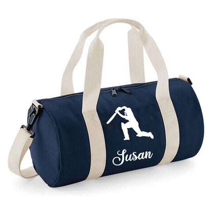 Personalised Cricket Design Barrel Bag With Cricketers Name