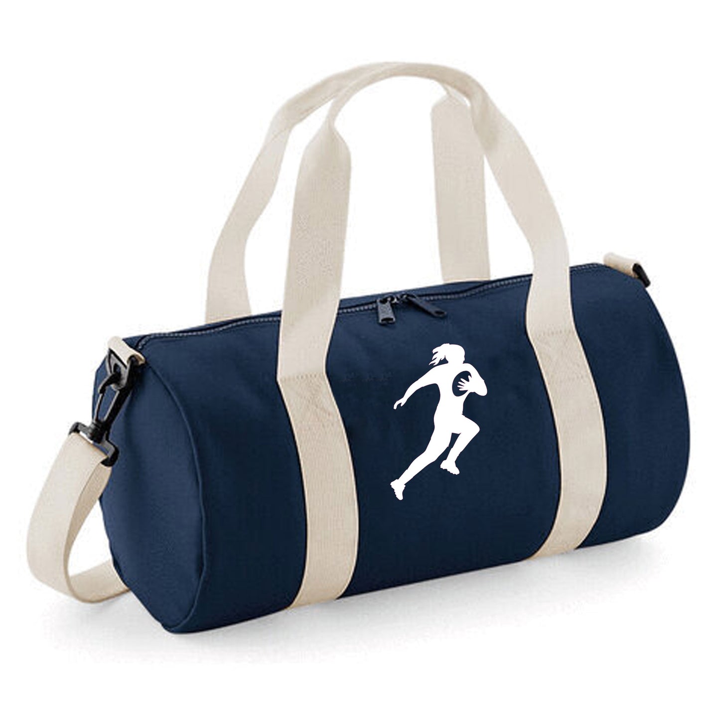 Personalised Female Rugby Player Barrel Bag, Kids Durable Holdall