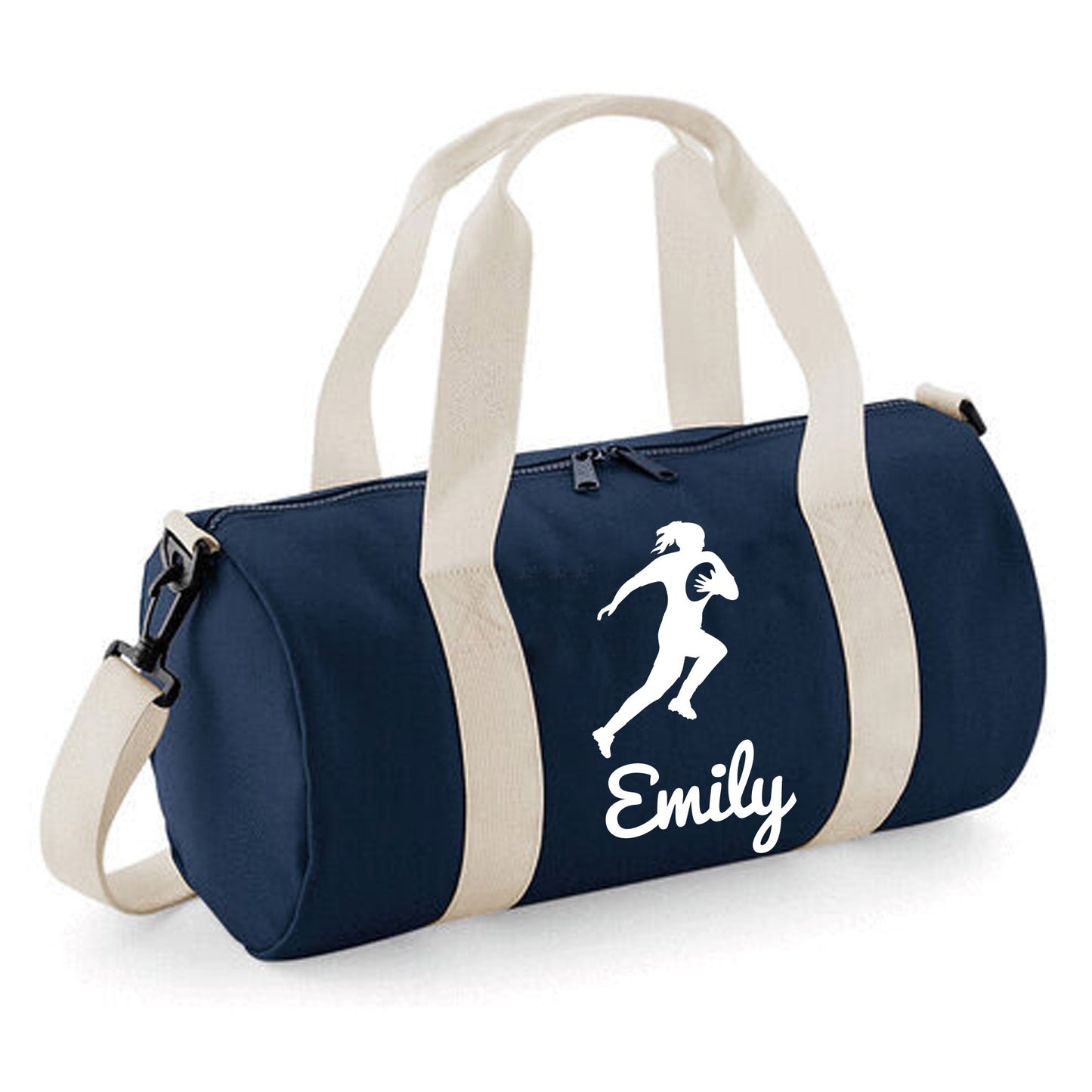 Personalised Female Rugby Player Barrel Bag, Kids Durable Holdall
