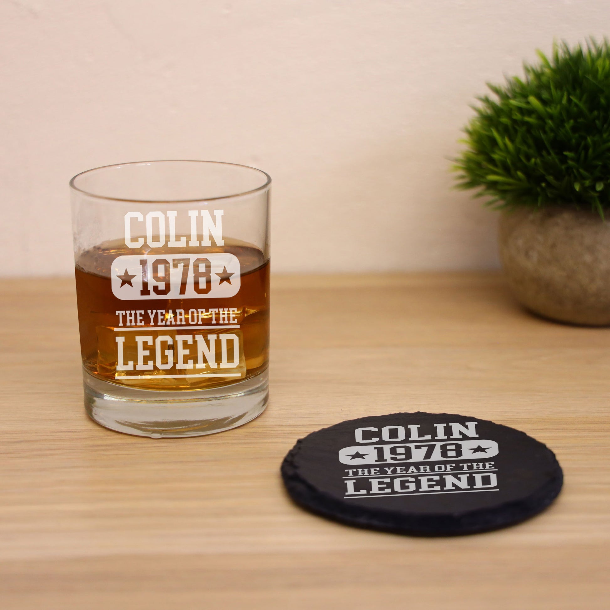 ANY Year Of The Legend Personalised Engraved Whisky Glass and/or Coaster Set  - Always Looking Good - Glass & Round Coaster Set  