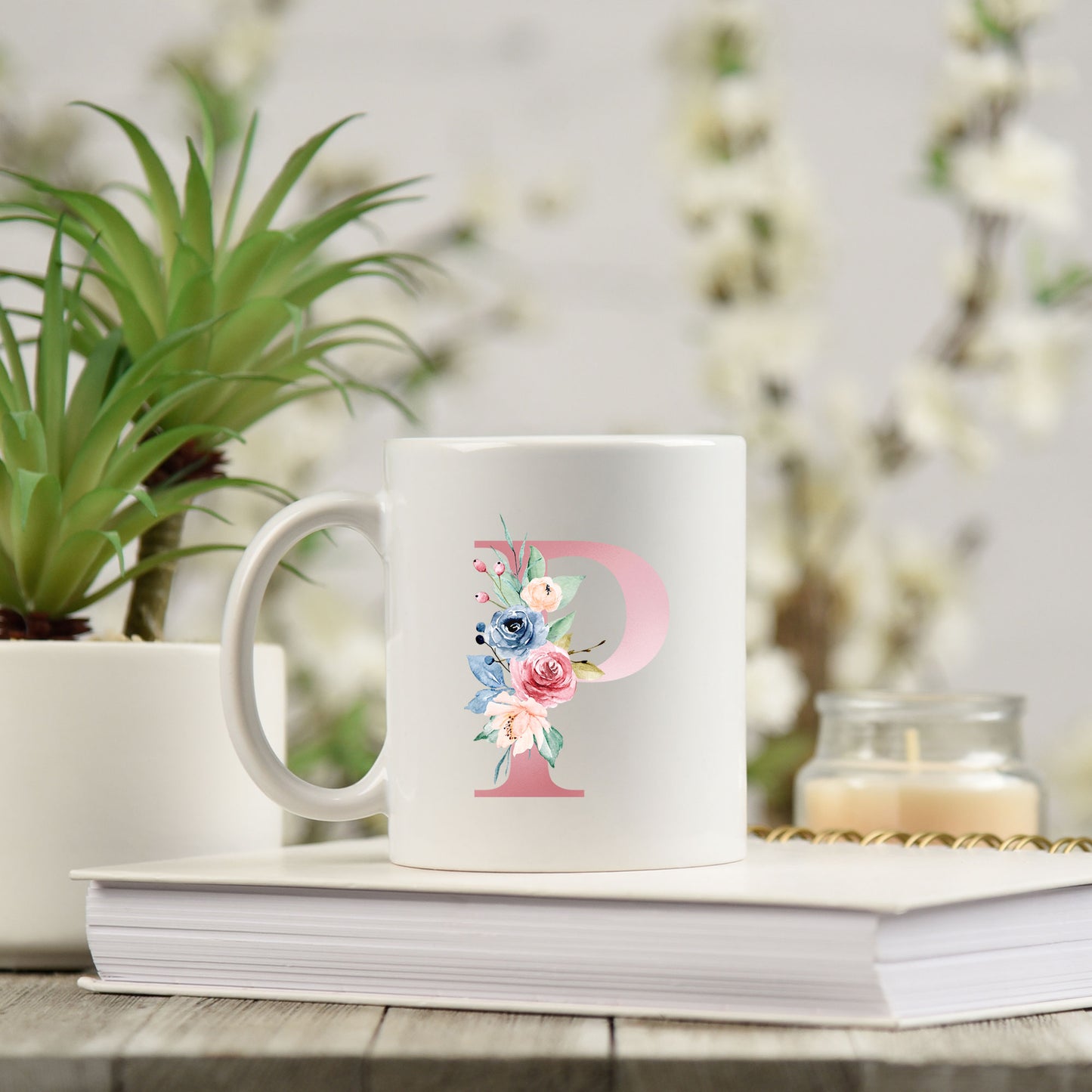 Monogrammed Ceramic Mug – Pink Floral Letter Design for Gift