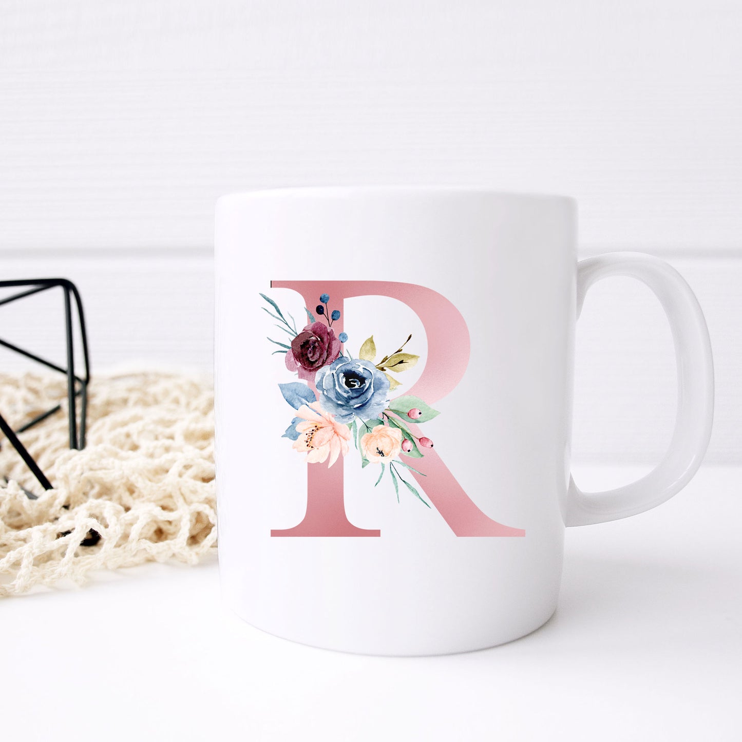 Monogrammed Ceramic Mug – Pink Floral Letter Design for Gift