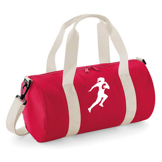 Personalised Female Rugby Player Barrel Bag, Kids Durable Holdall