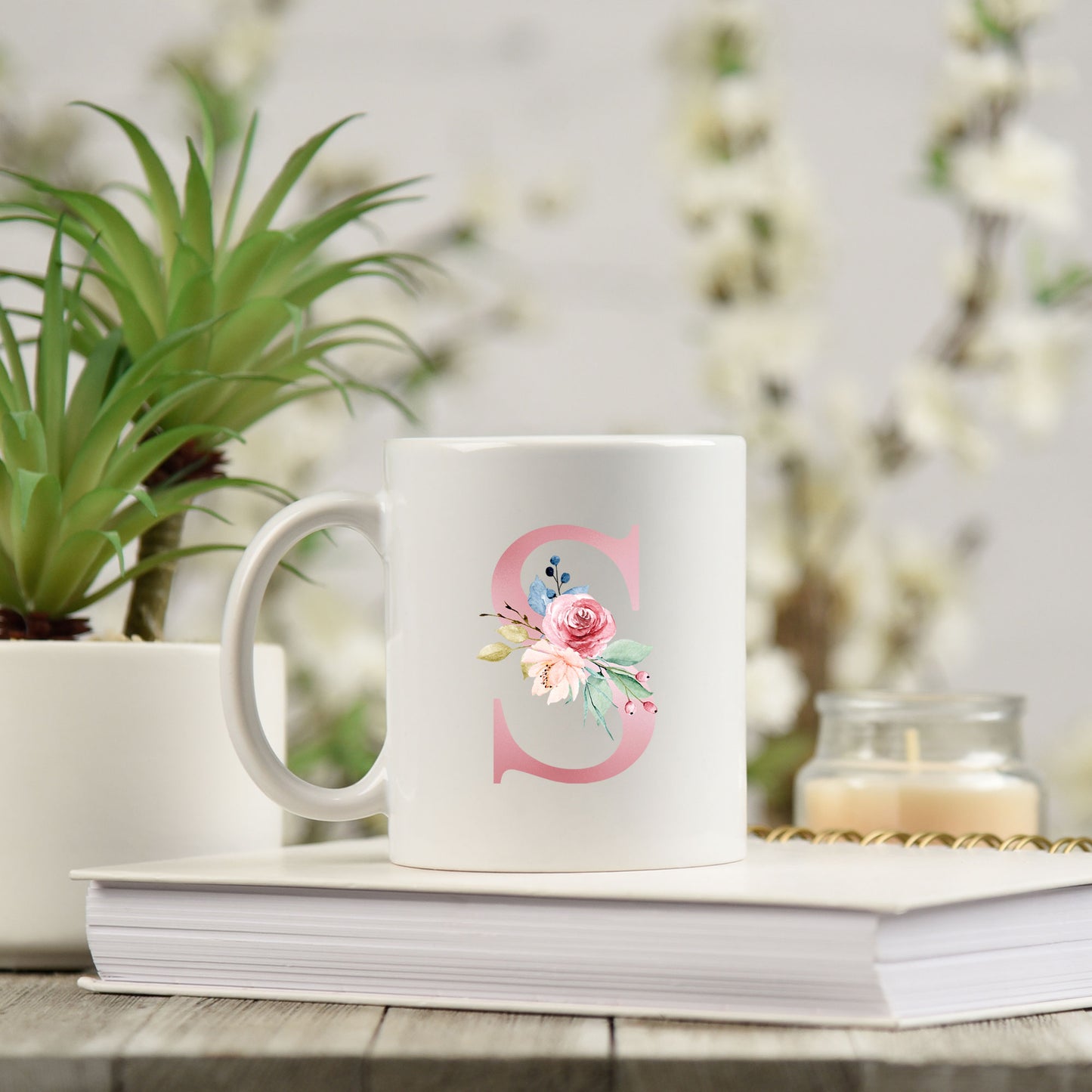 Monogrammed Ceramic Mug – Pink Floral Letter Design for Gift