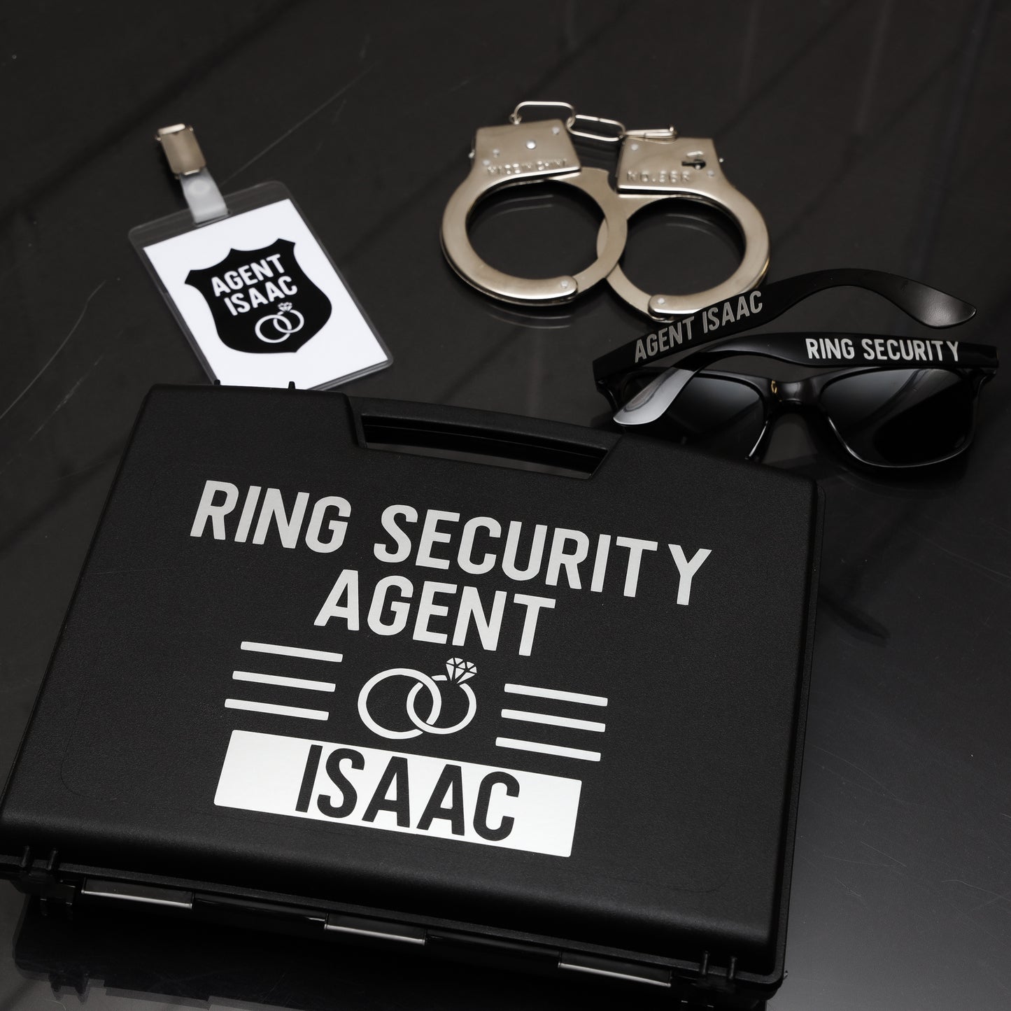 Personalised Pageboy Ring Security Box Briefcase  - Always Looking Good - Full set - Briefcase sunglasses badge and handcuffs  