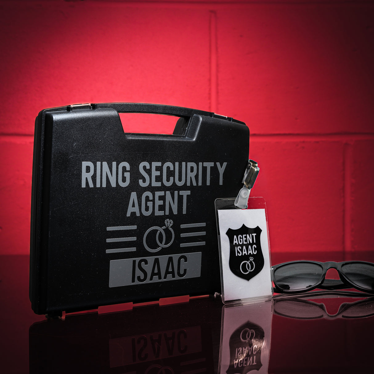Personalised Page Boy Ring Bearer Accessories Security Box
 - Always Looking Good -   - Briefcase sunglasses and security badge  